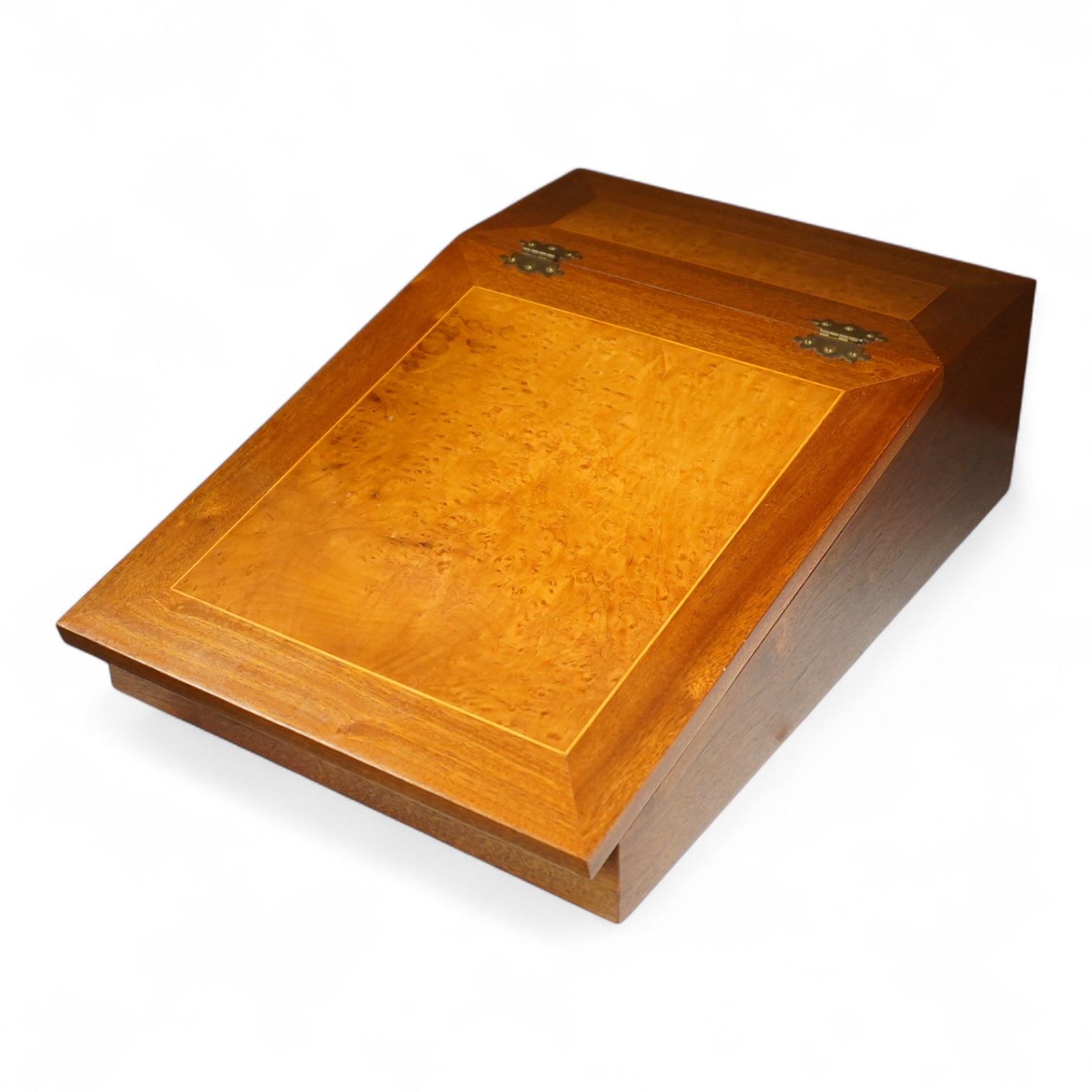 A mid 20th century mahogany and burr walnut lap desk, 53cm